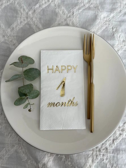 Gold Yaldızlı Beyaz Happy 1 Yaş Months Garson Katlama Peçete 16 Adet ürün görseli 1