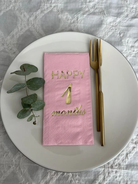 Gold Yaldızlı Pembe Happy 1 Yaş Months Garson Katlama Peçete 16 Adet ürün görseli 1