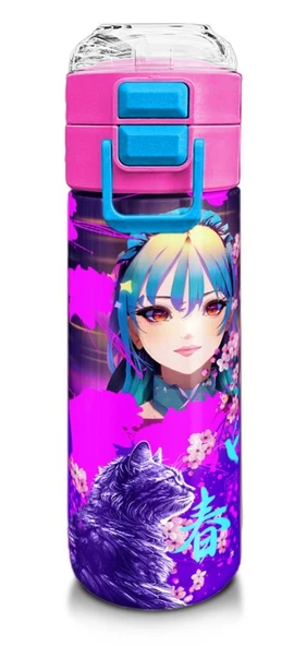Coral High 500 ml Pipetli ve Direkt İçim Çelik Termos/Matara - Kız Çocuk -  Coral High KidsMor Pembe Anime Kedi Desenli ürün görseli 1