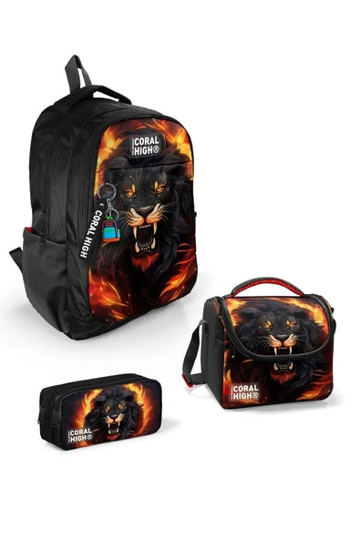 Coral High Kids Siyah Aslan Desenli 3'lü Okul Çanta Seti SET0123671 - Erkek ürün görseli 1