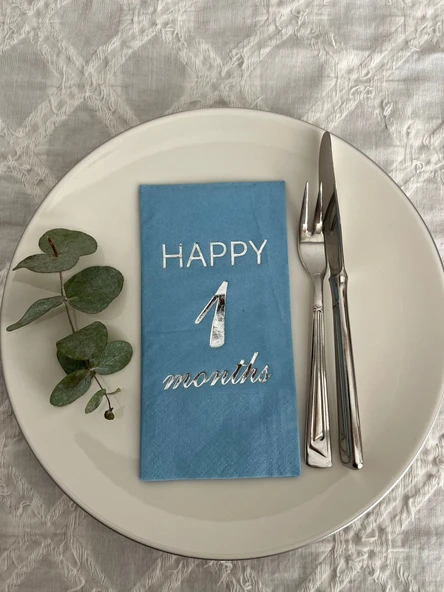 Gümüş Yaldızlı Mavi Happy 1 Yaş Months Garson Katlama Peçete 16 Adet ürün görseli 1