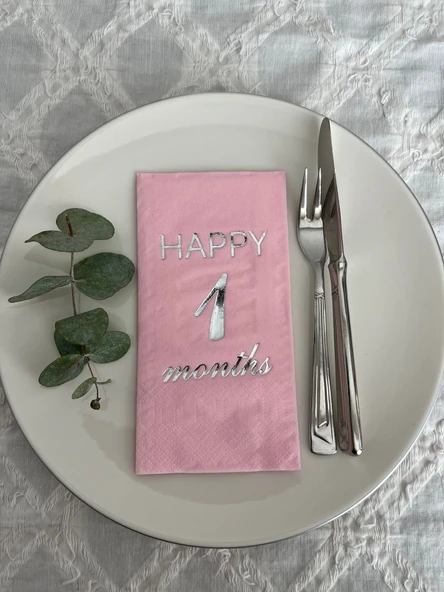 Gümüş Yaldızlı Pembe Happy 1 Yaş Months Garson Katlama Peçete 16 Adet ürün görseli 1