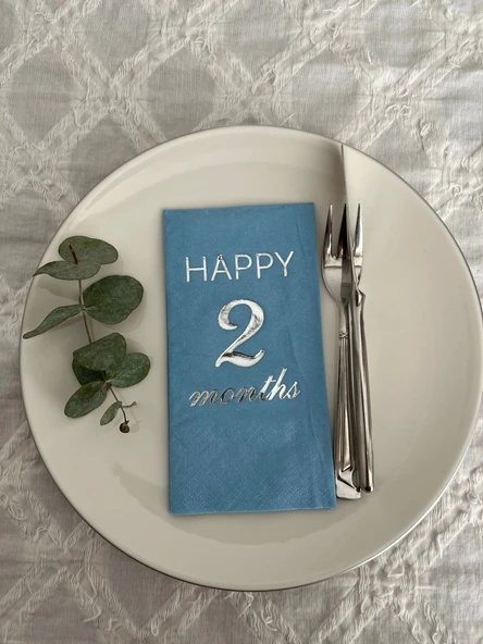 Gümüş Yaldızlı Mavi Happy 2 Yaş Months Garson Katlama Peçete 16 Adet ürün görseli 1