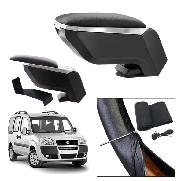 Lüks Set Fiat Doblo 2012 Delmesiz Çelik Ayaklı Gri-Siyah Kolçak Kol Dayama, Direksiyon Kılıfı ürün görseli 1