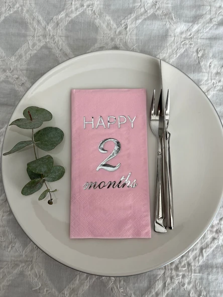 Gümüş Yaldızlı Pembe Happy 2 Yaş Months Garson Katlama Peçete 16 Adet ürün görseli 1