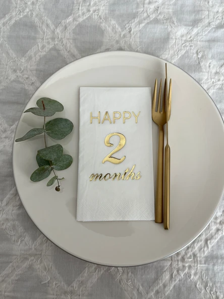 Gold Yaldızlı Beyaz Happy 2 Yaş Months Garson Katlama Peçete 16 Adet ürün görseli 1