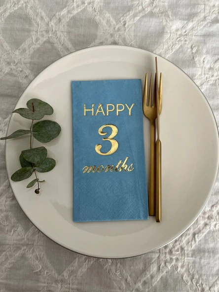 Gold Yaldızlı Mavi Happy 3 Yaş Months Garson Katlama Peçete 16 Adet ürün görseli 1