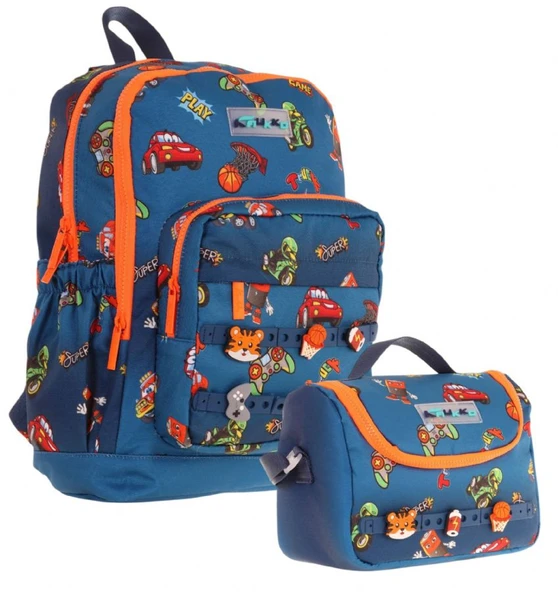 Kaukko Kids Dört Bölmeli Sırt Çantası ve Isı Yalıtımlı Beslenme Çantası Seti - Erkek Çocuk - Lacivert Turuncu ürün görseli 1