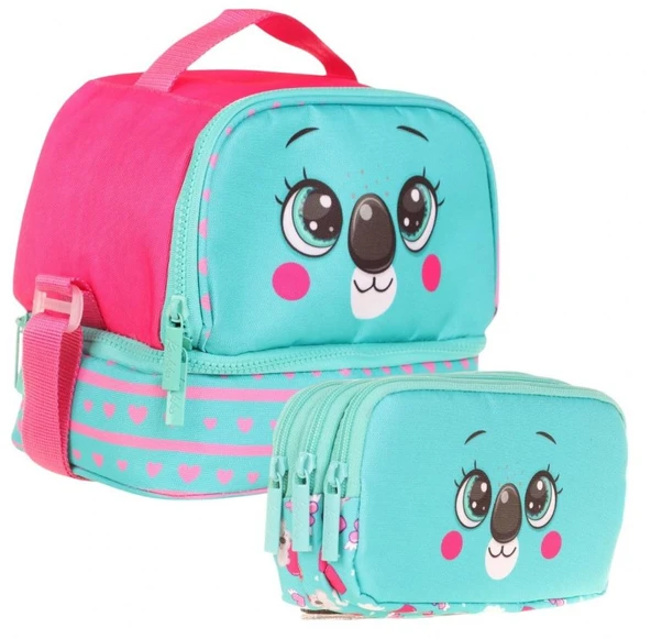 Kaukko İki Bölmeli Isı Yalıtımlı Beslenme + Kalemlik Seti (Koala Desenli ) (Yeşil Kırmızı) ürün görseli 1