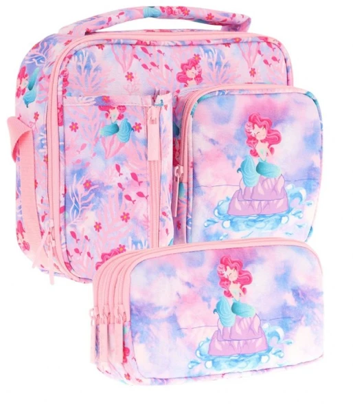 Kaukko Kids Kız Çocuk Pembe Mavi Denizkızı Desenli Üç Bölmeli Thermo Beslenme Çantası ve Kalemlik Seti (L7217+L8217) ürün görseli 1