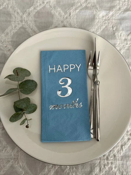 Gümüş Yaldızlı Mavi Happy 3 Yaş Months Garson Katlama Peçete 16 Adet ürün görseli 1