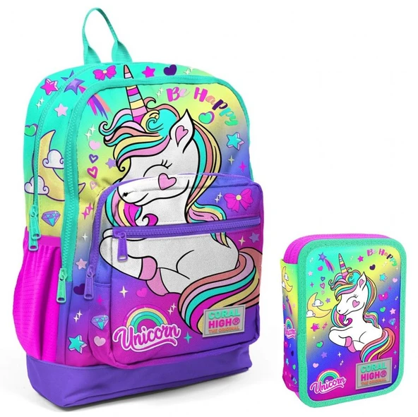 Coral High Yeşil Mor Unicorn Kız Çocuk Okul Çantası ve Organizer Kalemlik Seti 23729 11129 ürün görseli 1