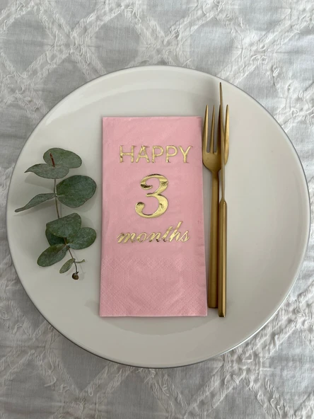 Gold Yaldızlı Pembe Happy 3 Yaş Months Garson Katlama Peçete 16 Adet ürün görseli 1