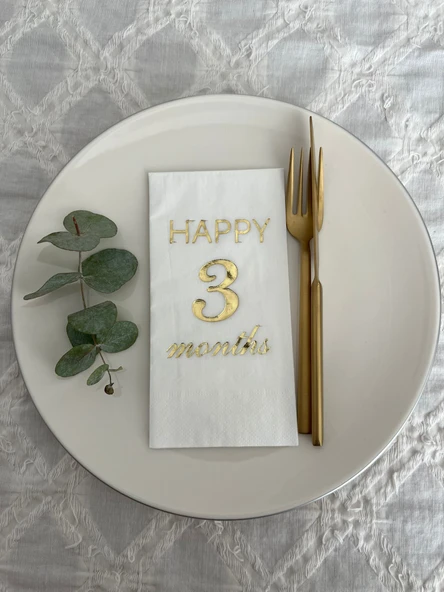 Gold Yaldızlı Beyaz Happy 3 Yaş Months Garson Katlama Peçete 16 Adet ürün görseli 1