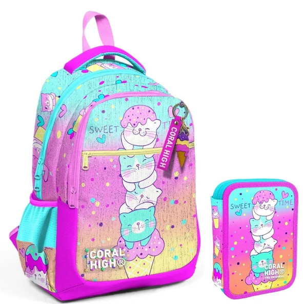 Coral High Yeşil Pembe Dondurma ve Kediler Kız Çocuk Okul Çantası ve Organizer Kalemlik Seti 23648+11139 ürün görseli 1
