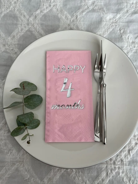 Gümüş Yaldızlı Pembe Happy 4 Yaş Months Garson Katlama Peçete 16 Adet ürün görseli 1
