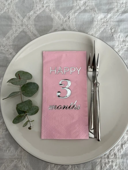 Gümüş Yaldızlı Pembe Happy 3 Yaş Months Garson Katlama Peçete 16 Adet ürün görseli 1
