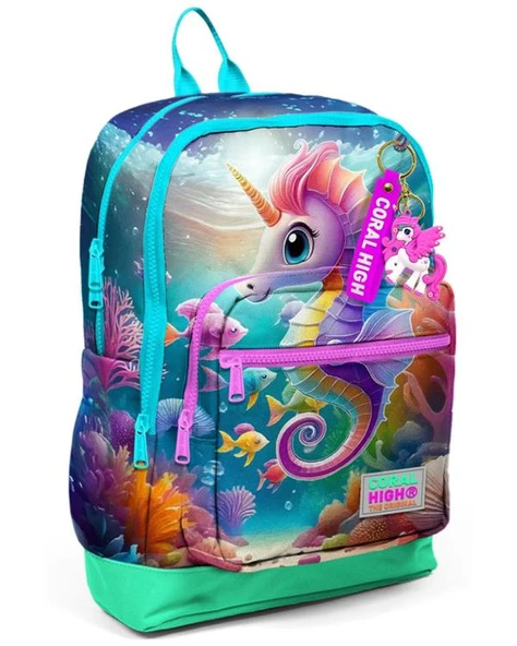 Coral High Kids Mavi Su Yeşili Denizatı Desenli Dört Bölmeli Okul Sırt Çantası 23772 ürün görseli 1