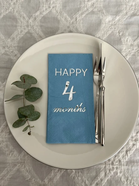 Gümüş Yaldızlı Mavi Happy 4 Yaş Months Garson Katlama Peçete 16 Adet ürün görseli 1
