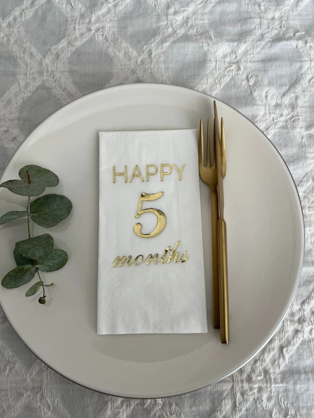 Gold Yaldızlı Beyaz Happy 5 Yaş Months Garson Katlama Peçete 16 Adet ürün görseli 1