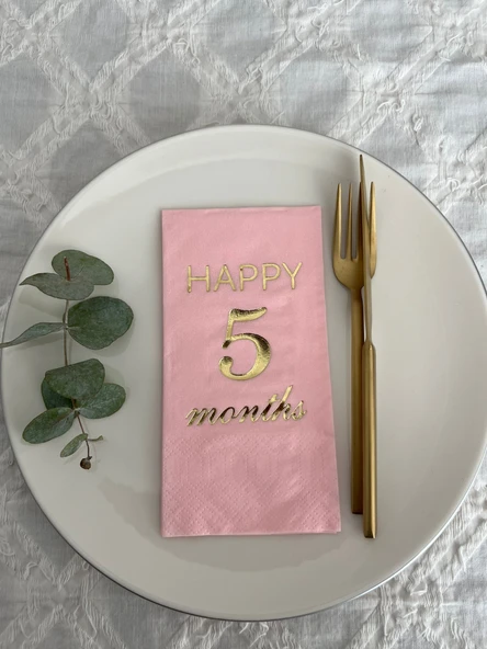 Gold Yaldızlı Pembe Happy 5 Yaş Months Garson Katlama Peçete 16 Adet ürün görseli 1