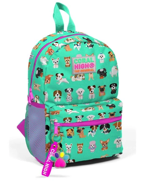 Coral High Kids Su Yeşili Neon Pembe Köpek Desenli Dört Bölmeli USBli Okul Sırt Çantası 23266 ürün görseli 1