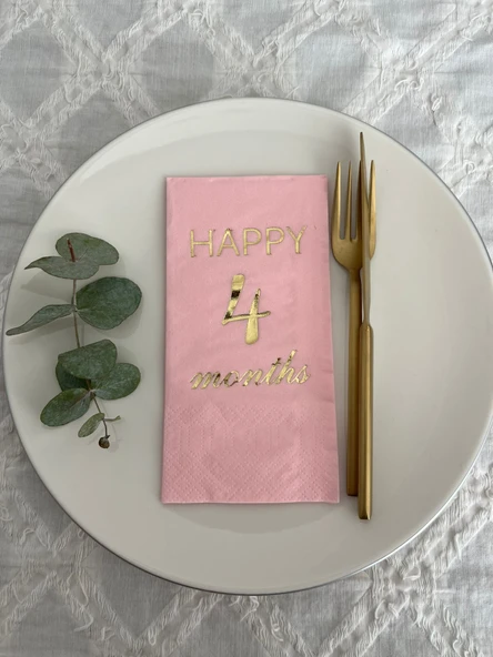 Gold Yaldızlı Pembe Happy 4 Yaş Months Garson Katlama Peçete 16 Adet ürün görseli 1