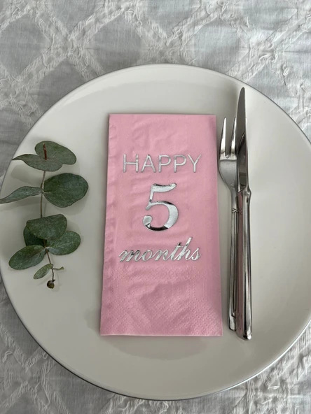 Gümüş Yaldızlı Pembe Happy 5 Yaş Months Garson Katlama Peçete 16 Adet ürün görseli 1