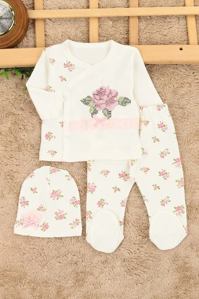 Kız Bebek Kaneviçe Gül Detaylı Fiyonklu 3 Parça Hastane Çıkışı / Zıbın Seti / Bebek Takım YeniDoğan ürün görseli 1