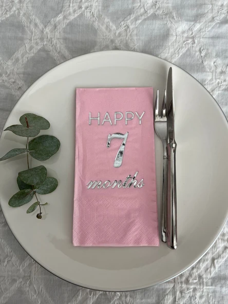 Gümüş Yaldızlı Pembe Happy 7 Yaş Months Garson Katlama Peçete 16 Adet ürün görseli 1