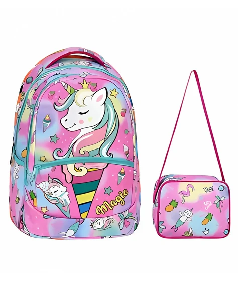 Unicorn Desenli Pembe İlkokul Sırt Çantası + Beslenme Çantası (2303) ürün görseli 1