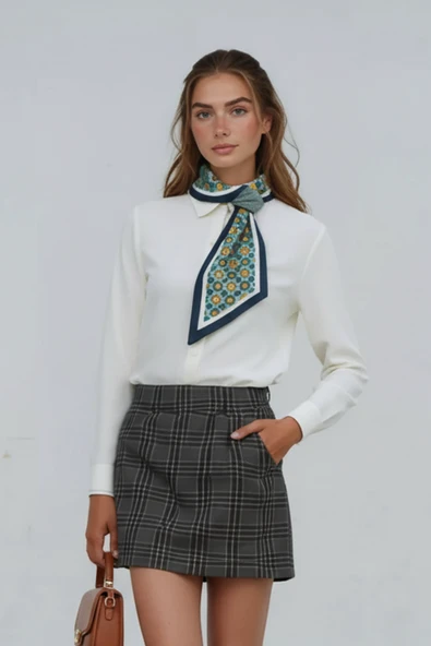 Walkenzo Vintage Esintili Çiçek Desenli Modern Tasarım Kadın Kravat Fular ürün görseli 1