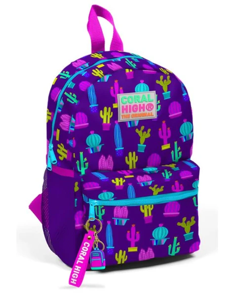 Coral High Kids Mor Pembe Kaktüs Desenli Dört Bölmeli USBli Okul Sırt Çantası 23273 ürün görseli 1