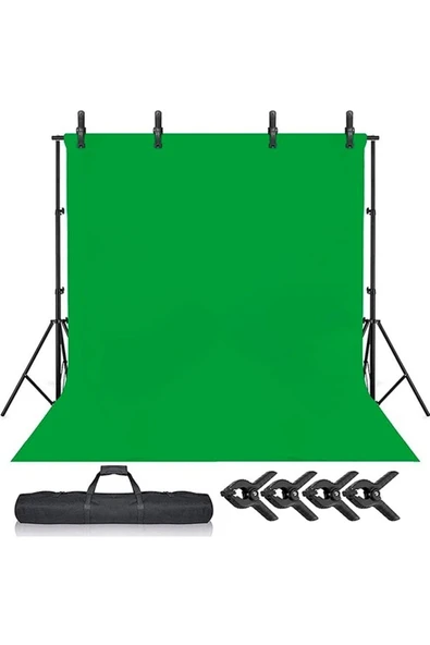 Yeşil Green Screen Greenbox Yeşil Fon Perde 2x3m  Fon Standı 4 Mandal Fotoğraf Kağıtları Tek Ebat ürün görseli 1
