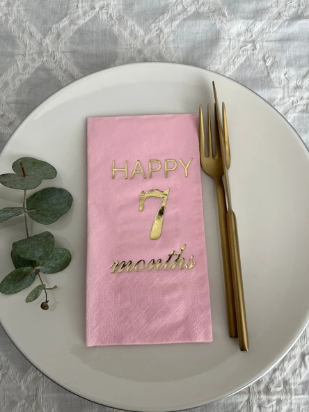 Gold Yaldızlı Pembe Happy 7 Yaş Months Garson Katlama Peçete 16 Adet ürün görseli 1