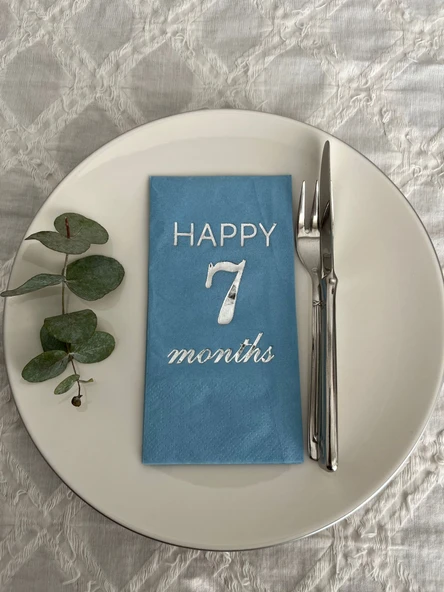 Gümüş Yaldızlı Mavi Happy 7 Yaş Months Garson Katlama Peçete 16 Adet ürün görseli 1