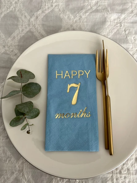 Gold Yaldızlı Mavi Happy 7 Yaş Months Garson Katlama Peçete 16 Adet ürün görseli 1