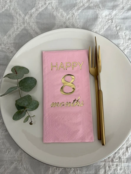Gold Yaldızlı Pembe Happy 8 Yaş Months Garson Katlama Peçete 16 Adet ürün görseli 1