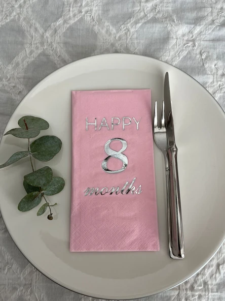 Gümüş Yaldızlı Pembe Happy 8 Yaş Months Garson Katlama Peçete 16 Adet ürün görseli 1