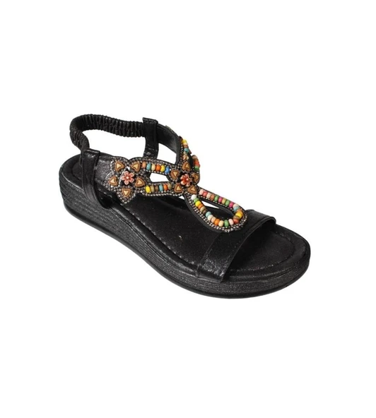 YAZKIŞ Kadın Siyah Gümüş Tek Bantlı Üzeri Boncuklu Arkası Lastikli 4cm Rahat Taban Sandalet ürün görseli 1