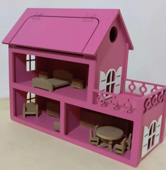 Boyalı Ahşap Çatısı Açılır Barbie Evi, Mobilya seti hediyeli ürün görseli 1