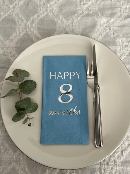 Gümüş Yaldızlı Mavi Happy 8 Yaş Months Garson Katlama Peçete 16 Adet ürün görseli 1