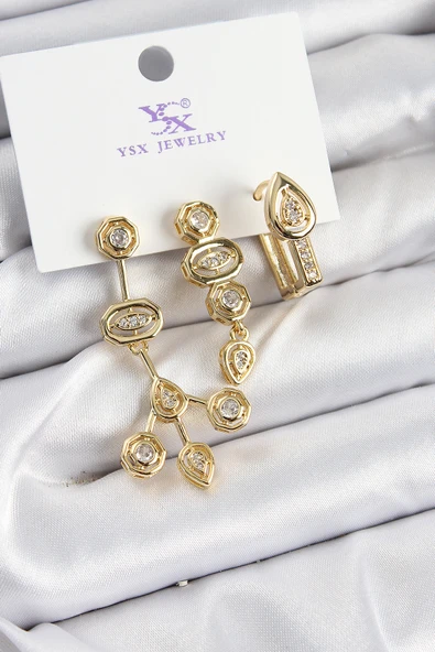 Pirinç Zİrkon Taşlı Geometrik Model Gold Renk 3'lü Kadın Küpe - EBJ250726W36710 ürün görseli 1