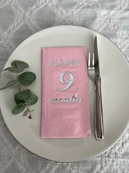 Gümüş Yaldızlı Pembe Happy 9 Yaş Months Garson Katlama Peçete 16 Adet ürün görseli 1