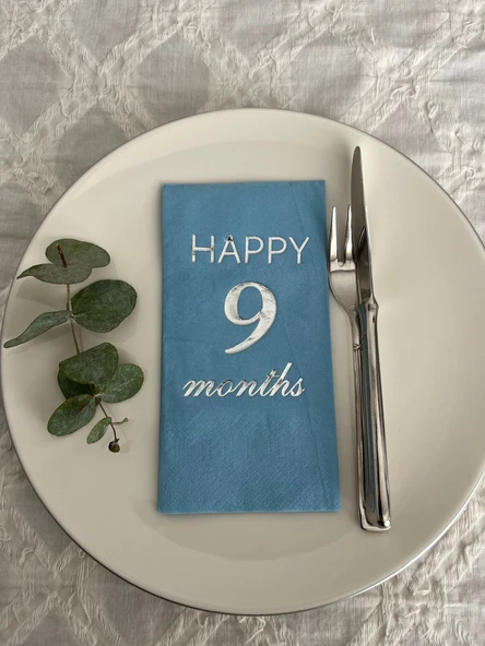 Gümüş Yaldızlı Mavi Happy 9 Yaş Months Garson Katlama Peçete 16 Adet ürün görseli 1