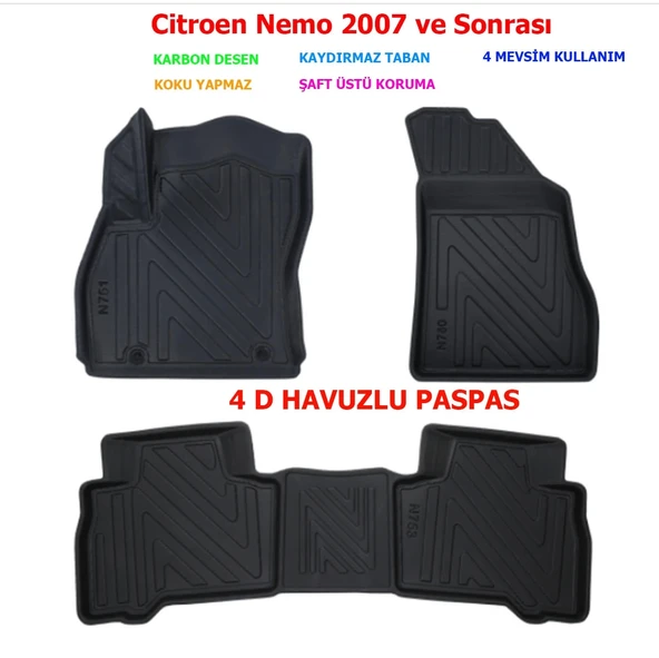 Citroen Nemo 2007 ve Sonrası 4D Premium Havuzlu Paspas ürün görseli 1
