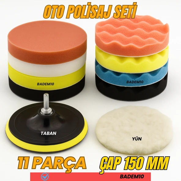 Pasta Cila Polisaj Süngeri Seti Büyük Boy 11 Parça 150mm Matkap Uyumlu Oto Seramik Wax Parlatma Pedi ürün görseli 1
