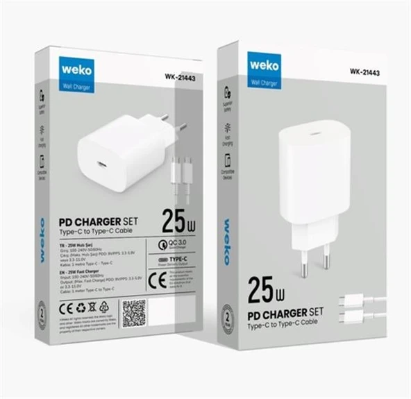 Weko WK-27878 Note10 Beyaz 25 Watt Şarj Başlık Adaptörü + Type-C To Type-C Kablo ürün görseli 1