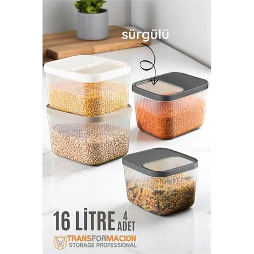 Modacar Erzak Bakliyat Kutusu Sürgülü Kapak Saklama Kabı 16 Litre 4 ADET ürün görseli 1