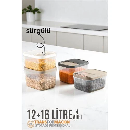 Modacar Erzak Bakliyat Kutusu Sürgülü Kapak Saklama Kabı 12 ve 16 Litre 4 lü ürün görseli 1